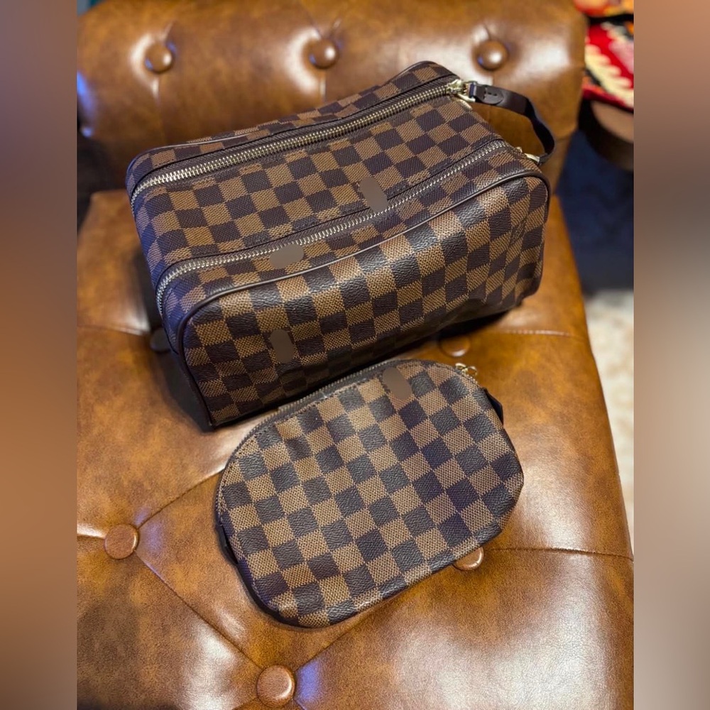 Checkered Brown Women's Toiletry Bag Set - Classic Travel Organizer